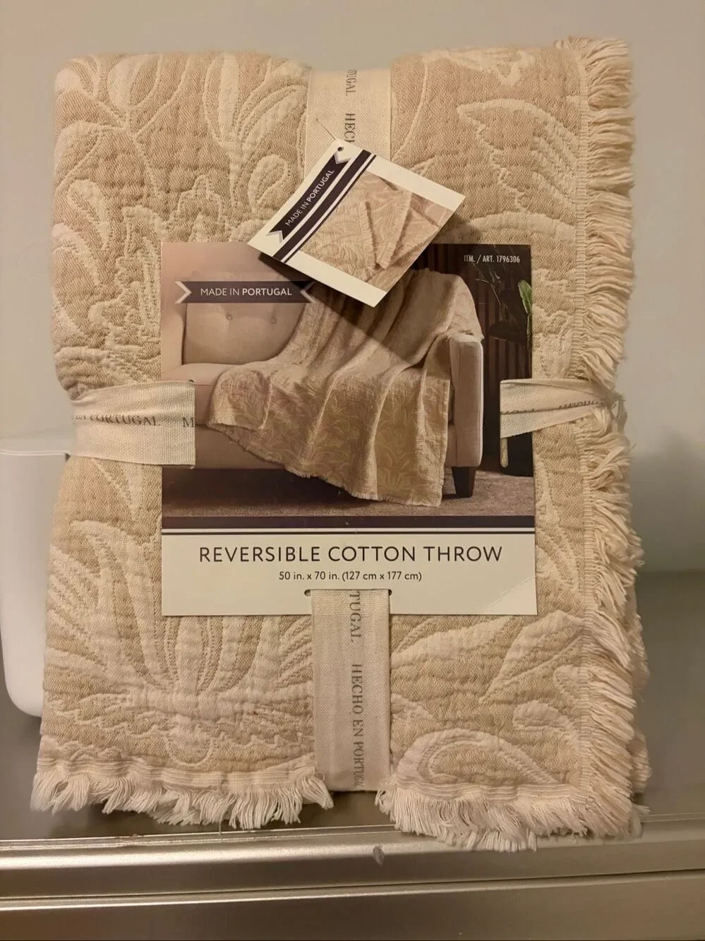 Nemcor Portugal Reversible 100% Cotton Jacquard Floral Beige Throw Blanket NWT